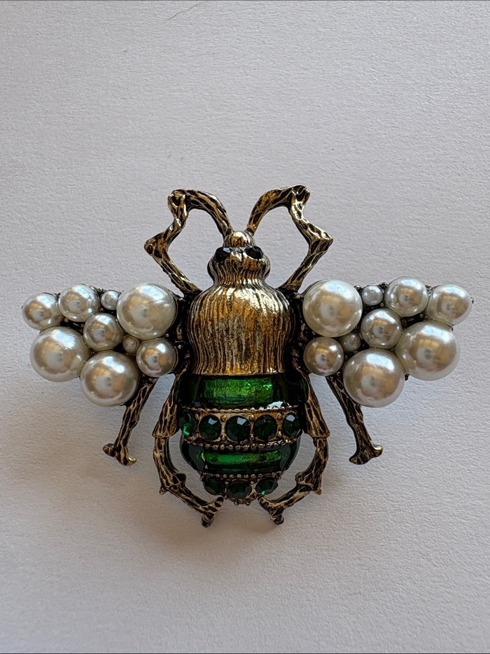 Vintage-Inspired Bee Brooch with Pearls and Green Enamel